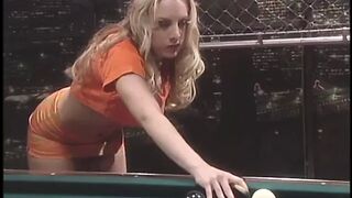 Breasty blond receives her arsehole fingered and pool stick poked - 1 image