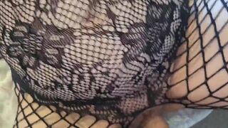 Trying on my recent fishnet body stocking and being fingered and pumped in the one and the other holes with anal semen pie - 5 image