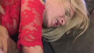 Hot golden-haired wench receives drilled in red underware - 1 image