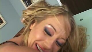 Blond peacherino fondle boyfrend's dick with her  feet and got double stretced by 2 sexually excited males - 4 image